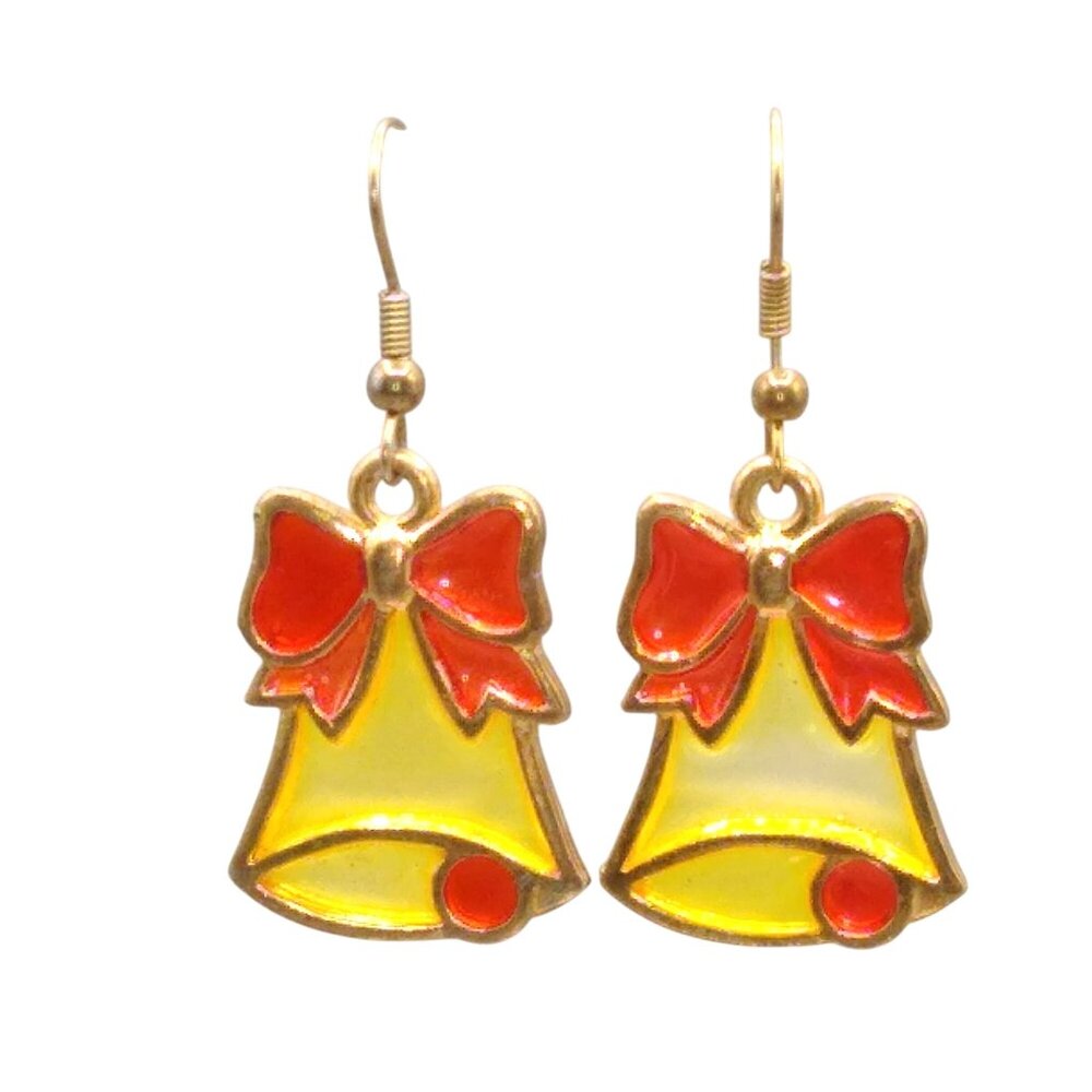 Vintage Plique a Jour Christmas Bell Earrings, Gold Tone Stained Glass Cloisonne